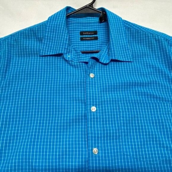 Van Heusen Shirt Men's Large Short Sleeve Classic Fit Button Down Blue Grid EUC - Picture 8 of 8